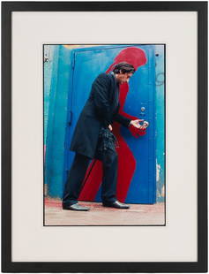 Sylvia Plachy Photograph, The Blue Door, Adrien Brody: Sylvia Plachy (American/Hungarian, b. 1943) archival C-print photograph, "The Blue Door," 2008. The actor Adrien Brody (the artist's son), shown in profile, reaches to open a door. A red silhouette pa