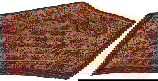 Antique Tekke Asmalyk Weaving: Antique Tekke Asmalyk or camel trapping weaving, pentagonal form with embroidered designs throughout, including red hanging blossom designs and a woven batwing border. Woven in red, pink, blue, and br