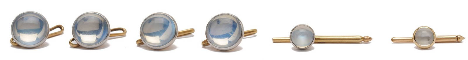14K Gold, Platinum & Moonstone Dress Shirt Buttons: Six (6) 14K yellow gold and platinum dress or tuxedo shirt buttons featuring six (6) moonstones. The buttons are marked '14' or '14C' and "Gold & Plat.", and XRF testing