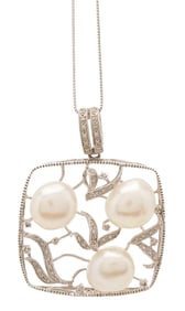 14K White Gold, Pearl, & Diamond Necklace