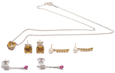 Tiffany & Co. Sparkle Sterling Citrine Earrings & Necklace Set and 2 Pairs of Gold & Gemstone Dangle