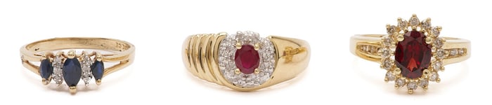 Three Gold, Gemstone, and Diamond Rings