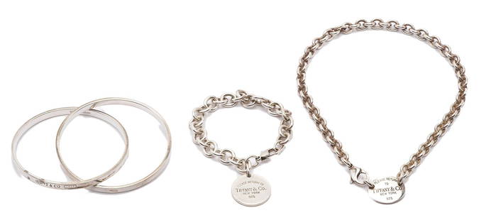 3 Tiffany Sterling Silver Jewelry Items: 1st item: Tiffany 1837 (R) interlocking circles sterling bangle bracelet. Marked "T & Co. 925 1837" and "Tiffany & Co. 925". 2nd & 3rd items: Vintage Tiffany Please Return to Sender collar necklace wi