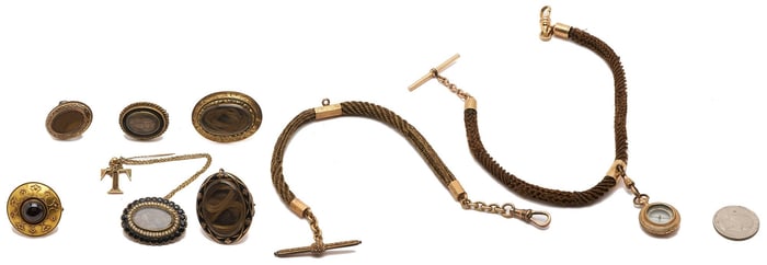 8 pcs Victorian jewelry incl. Hair, Watch Chains