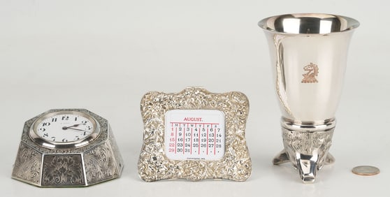 3 Silver Novelty Items: Clock, Stirrup Cup, Calendar