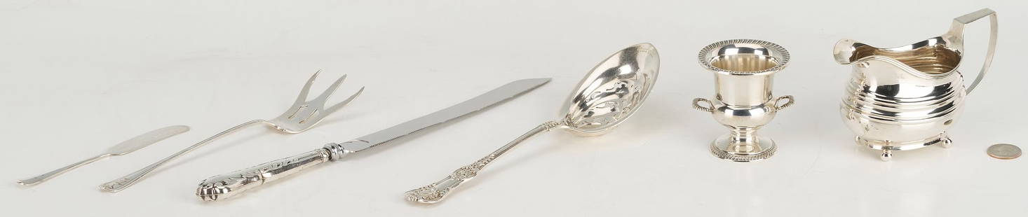 Asst. Flatware incl. Tiffany Serving Spoon plus Small Hollowware: 1st item: Tiffany &amp; Co. sterling silver English King pattern&nbsp;serving spoon with pierced bowl, 9 1/2&quot;L.&nbsp; American, mid 20th century. No monogram. 2nd item: English Georgian sterling