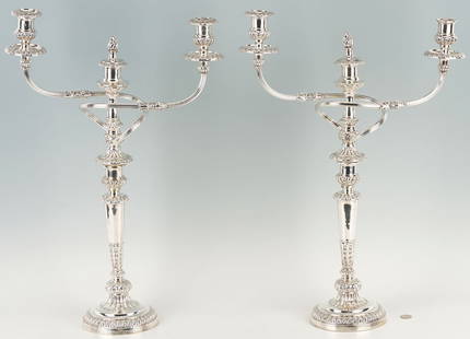 Large Pair Matthew Boulton Old Sheffield Candelabra: A large pair of Matthew Boulton Old Sheffield Silver Plate three-light candelabra with detachable flame finials, reeded twisting arm section detaches to form a single candlestick. Tapering trumpet for