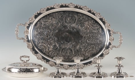 6 Ellis Barker Silverplated Table Items: Tray, Candlesticks, Dish