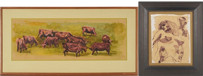 2 Modernist Works on Paper, Oregon Interest: Thomas Hardy, Cows, & Michele Russo, Nude