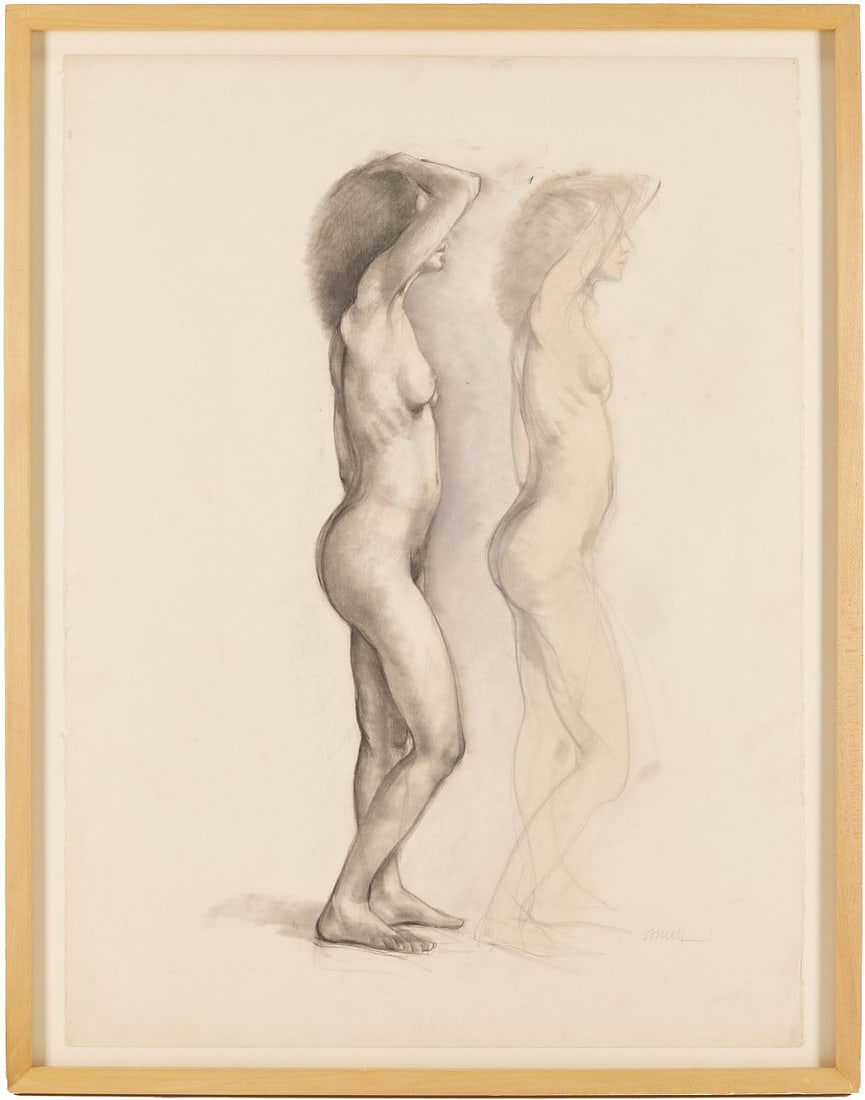 Thomas Cornell Double Study Drawing of Standing Nude: Thomas Cornell (American/Maine, 1937-2012) charcoal and pastel on Fabriano paper double study portrait depicting a standing female nude with her right arm on top of her head. Pencil signed lower