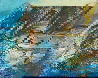 Eleanor Smith Mixed Media Painting, Water Picture: Eleanor M. Smith (American/Louisiana, b. 1955)&nbsp;surrealist oil and mixed media&nbsp;on panel titled &quot;Water Picture&quot;&nbsp;that depicts&nbsp;figures on a boat, with a shoreline and temple