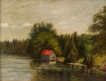 19th C. American School O/C River Landscape Painting