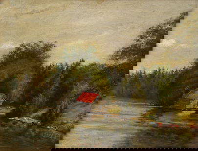 19th C. American School O/C River Landscape Painting: American school oil on canvas laid to&nbsp;board painting depicting a bucolic riverscape scene with a mill or storage building&nbsp;with red roof by a river. A boat is tethered along the riverbank and