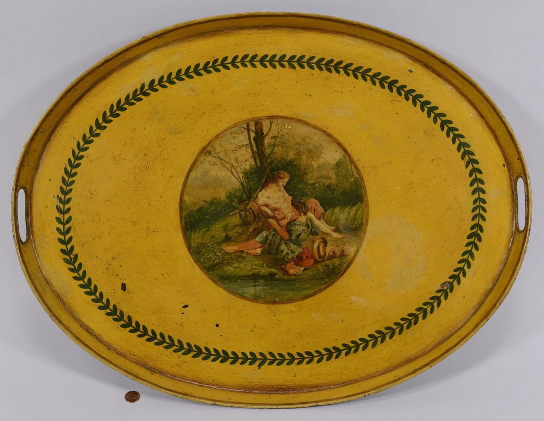Large 19th cent. Yellow Oval Tole Tray: A large 19th century oval yellow tole tray with central decoration of figures in a landscape setting. 19 3/4" H x 25 3/4" W. Probably English. Provenance: Estate of Margaret Wemyss Connor, N