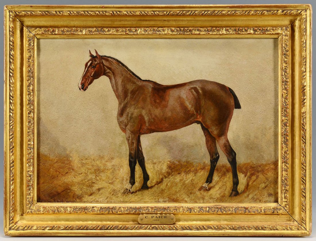 George Paice, Portrait of a Horse: George Paice (British, 1854-1925) equine portrait, oil on board, signed and dated lower left G. Paice '86. Board has British millboard label en verso; there is also a later gallery label and presumed 