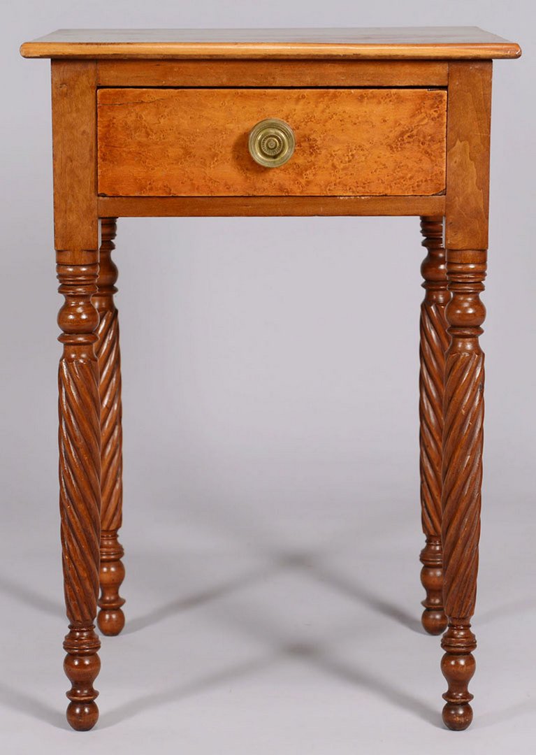 Sheraton One Drawer Table With Rope Twist Legs: Small table or work stand with square top, twist-turned legs and single hand dovetailed drawer having birds eye maple veneered drawer front and a round brass pull. Cherry primary wood, poplar secondar