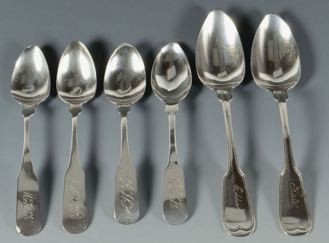 6 pcs Mobile Alabama Coin silver: 2 Coin silver dessert spoons and 2 coin silver teaspoons, all ca. 1850, in the French Thread pattern, marked "A. Knapp"( Alanson Knapp, working Mobile, Alabama, mid 19th century), plus 2 coi