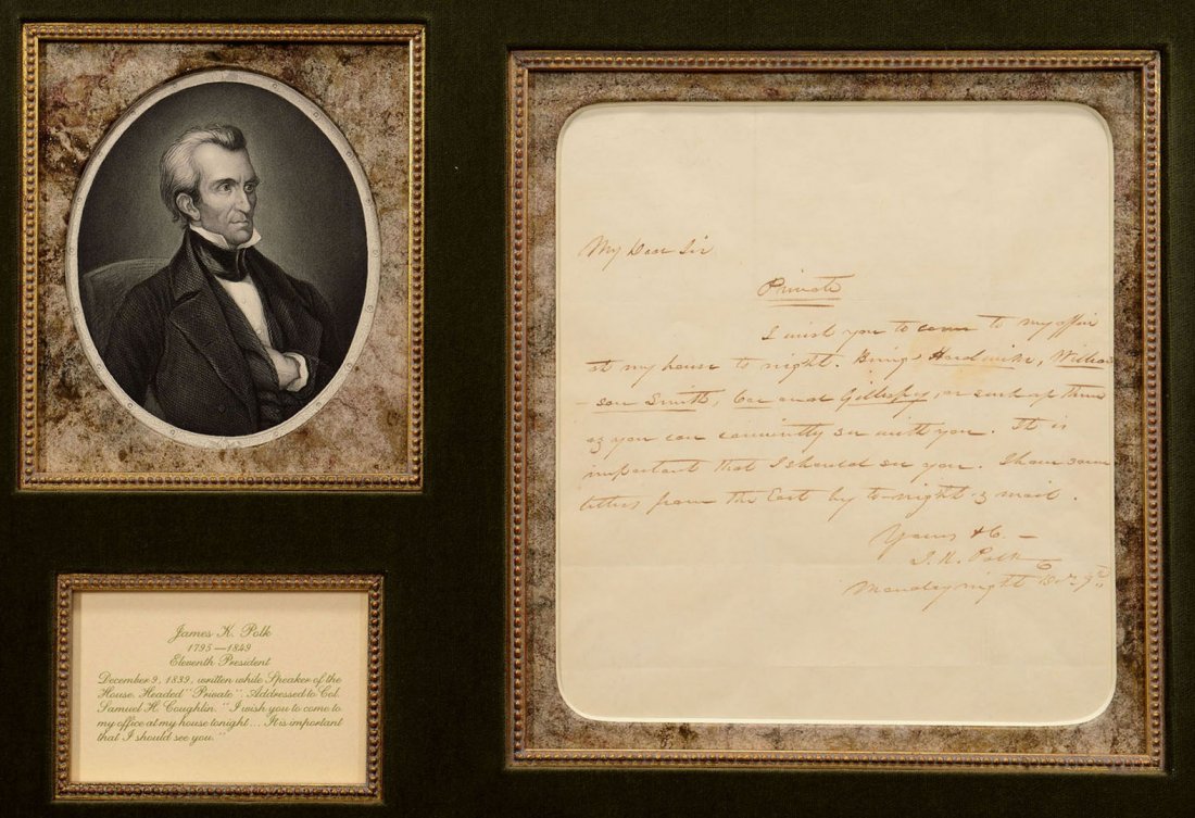 James K. Polk signed letter: James K. Polk (1795-1849, eleventh President of the United States ) autographed single sheet letter, personally signed, addressed to Colonel Samuel Laughlin in the City Hotel. The December 9, 1839 let