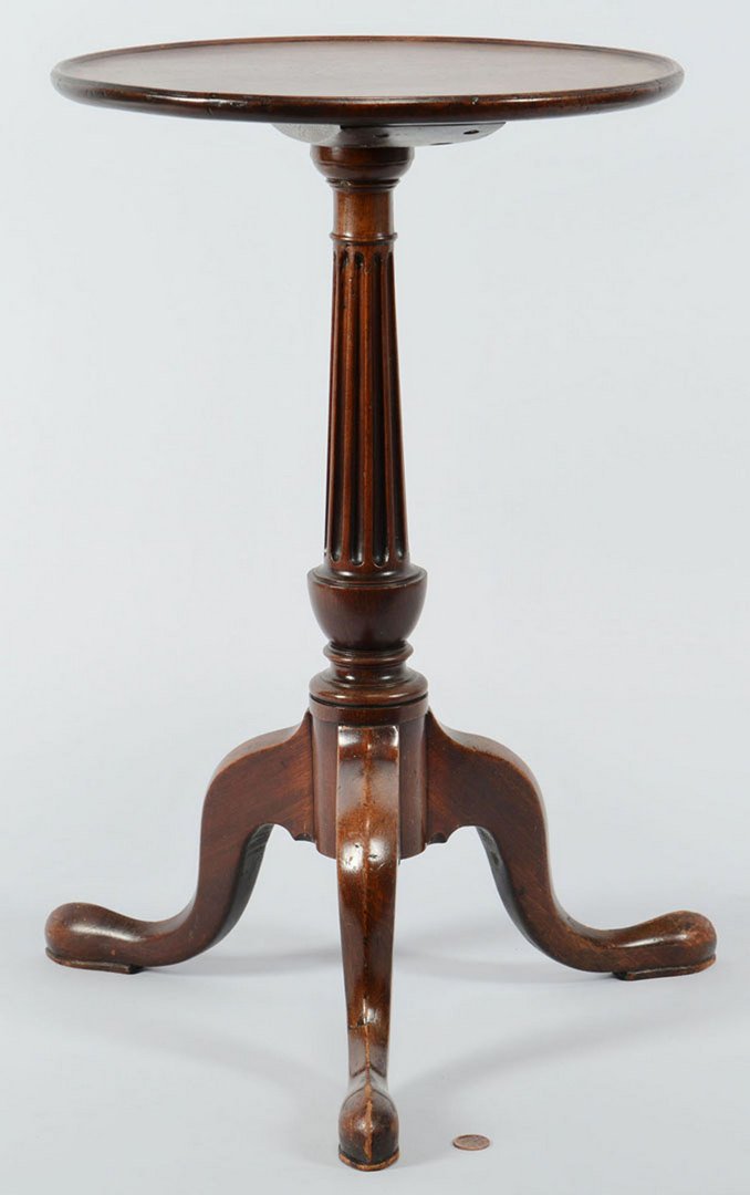 Miniature dish top candlestand: Miniature finely proportioned mahogany candlestand with round dish top, fluted columnar standard atop an urn turned base and three snake feet. 21"H. English or American, possibly late 18th centur