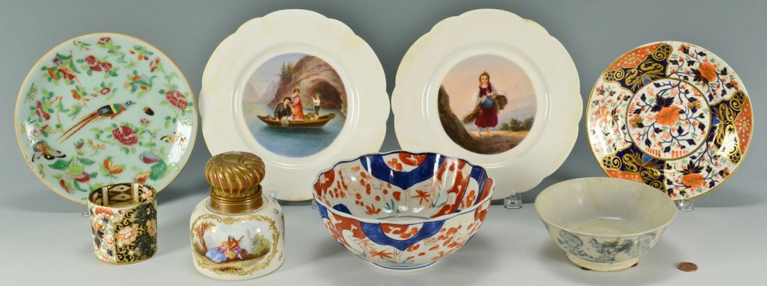 8 pcs English & Asian Porcelain, inc. inkwell: Grouping English & Asian Porcelain, 8 pieces. 1st item: A late 19th century Dresden/Meissen type porcelain inkwell with repousse copper metal cover. Base mark with a blue pseudo Meissen crossed sword