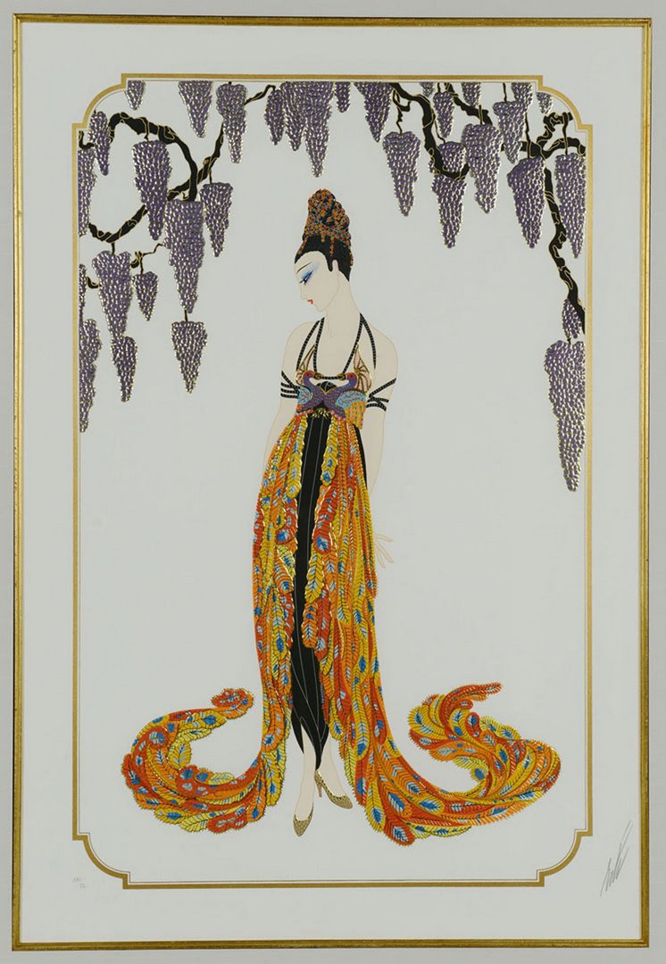 Erte Serigraph titled "Feather Gown": Erte (Iromain De Tirtoff - Russian/French, 1892-1990) limited edition serigraph titled "Feather Gown". Pencil signed lower right and numbered XXI/CL lower left. Sight - 28" H x 19"