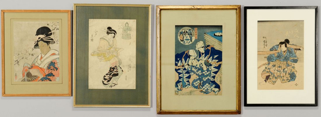 4 Japanese Woodblocks, Kuniyoshi and Kunisada: 1st item: Japanese woodblock print, depicting man or Samurai with rope. Attributed to Utagawa Kuniyoshi (1797-1861). Matted and framed. Frame: 20 1/8" H x 14 5/8" W. Sight: 13 3/4" H x 