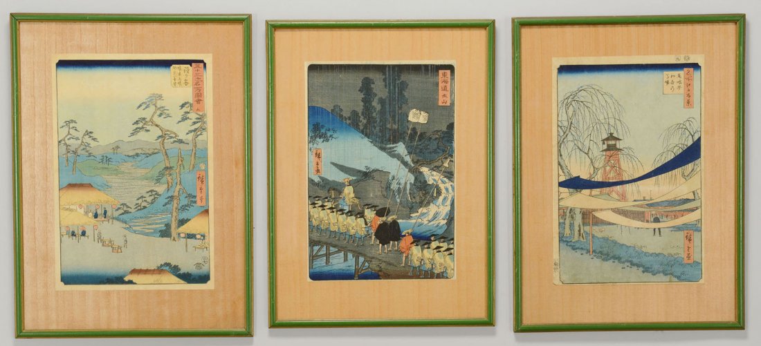 3 Framed Hiroshige Woodblock Prints: Ando Hiroshige (1797-1858), three modern Japanese woodblock prints with landscape views, all apparently glued atop woodgrain mats and framed. 1st item: Figures on a bridge. 2nd item: Landscape with to