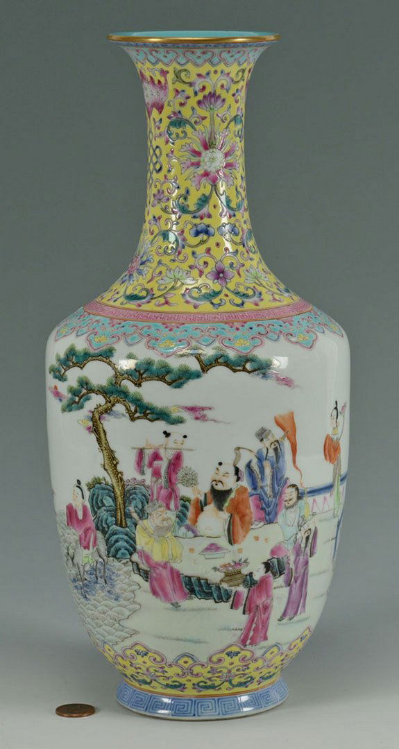 Chinese Famille Rose Amphora Vase w/ figures: Chinese Famille Rose vase, Amphora form, with decoration depicting royal figures in an outdoor setting with attendants and perfomers. Blue Chien Lung seal mark to base. 12 5/8" H. 20th century/ m
