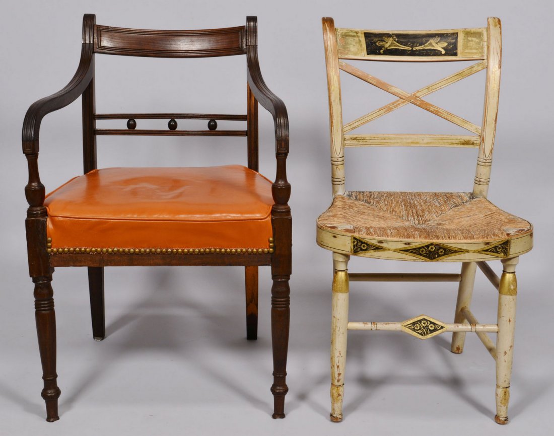 Fancy Painted Chair and Sheraton Armchair, 2: Two American Chairs. 1st item: American Sheraton period "fancy" side chair, painted white with black and gilt decoration, including a tablet adorned with cornucopias on the crest rail and ta