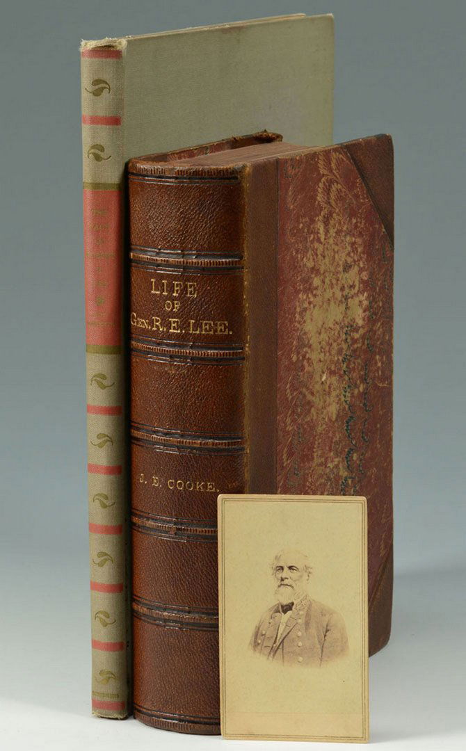 Robert E. Lee carte de visite and two Lee Books: Robert E. Lee CDV published by E. & H. T. Anthony, NY. 4-1/8" x 2-3/8". Group also includes leather bound book: "A Life of Gen. Robert E. Lee" by John Esten Cooke, published by D.