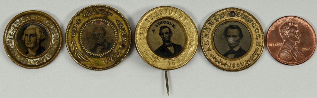 Lincoln and John Bell Campaign items: Grouping of four (4) Abraham Lincoln and John Bell Campaign items. 1st item - 1860 Lincoln "For President 1864" campaign lapel pin. Ferrotype image taken by Brady in NY. Overall excellent co