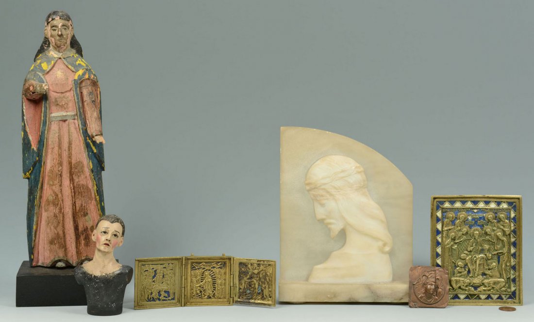 Grouping of Religious Items, including Santos: Grouping of Religious items, 6 pieces total, including Santos. 1st item: Alabaster bookend depicting Jesus wearing a thorn of crowns. 8" H x 6 1/8" W. 2nd item: A polychromed painted Santos