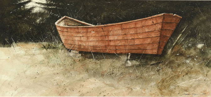 Nicholas Berger Watercolor: Nicholas Berger (American, b. 1949) watercolor and ink on paper of a rowboat; wooden frame; signed and dated in the lower LH corner. Sight: 11 3/8" H x 24 7/8" W. Frame: 19 7/8" x 33&qu