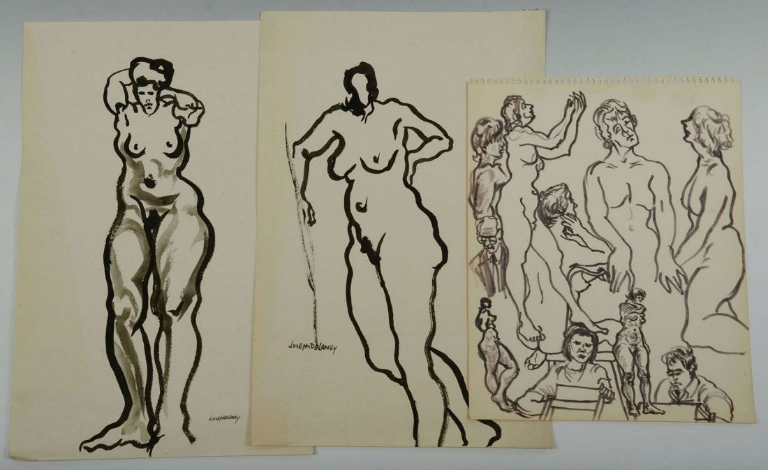 Joseph Delaney, 3 Ink Drawings (nudes and figure study): Lot of Joseph Delaney (Tennessee/New York, 1904-1991) works on paper composed of two ink drawings and one study of figures. The study is unsigned. Ink drawings: 17-7/8" x 11-3/4" Study: 14&q
