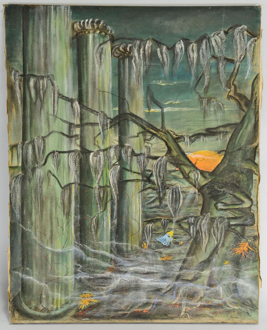 Jack Kershaw o/c, Girl Amid Ruins: John Karl "Jack" Kershaw (Tennessee, 1913-2010) oil on canvas painting, surrealist scene depicting a young girl running amidst the columns of a Southern mansion in ruins, beneath a canopy of