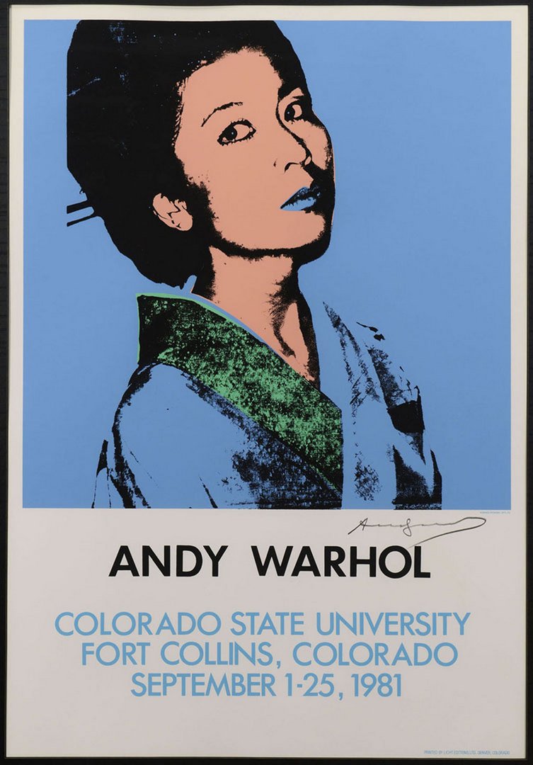 Andy Warhol signed screenprint, Kimiko Powers: Andy Warhol color screenprint poster of Kimiko Powers for the Colorado State University Exhibition, 1981, edition of 250. Signed lower right margin. Printed by Licht Editions, Denver and published by