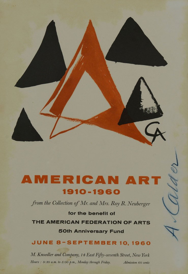 Calder Signed Art Exhibition Poster from 1960: Alexander Calder signed exhibition poster, M. Knoedler and Co., NY, American Art 1910-1960, pencil signed "A. Calder", in right margin. Painted black frame. Framed: 20-3/4" x 14-3/4&quo