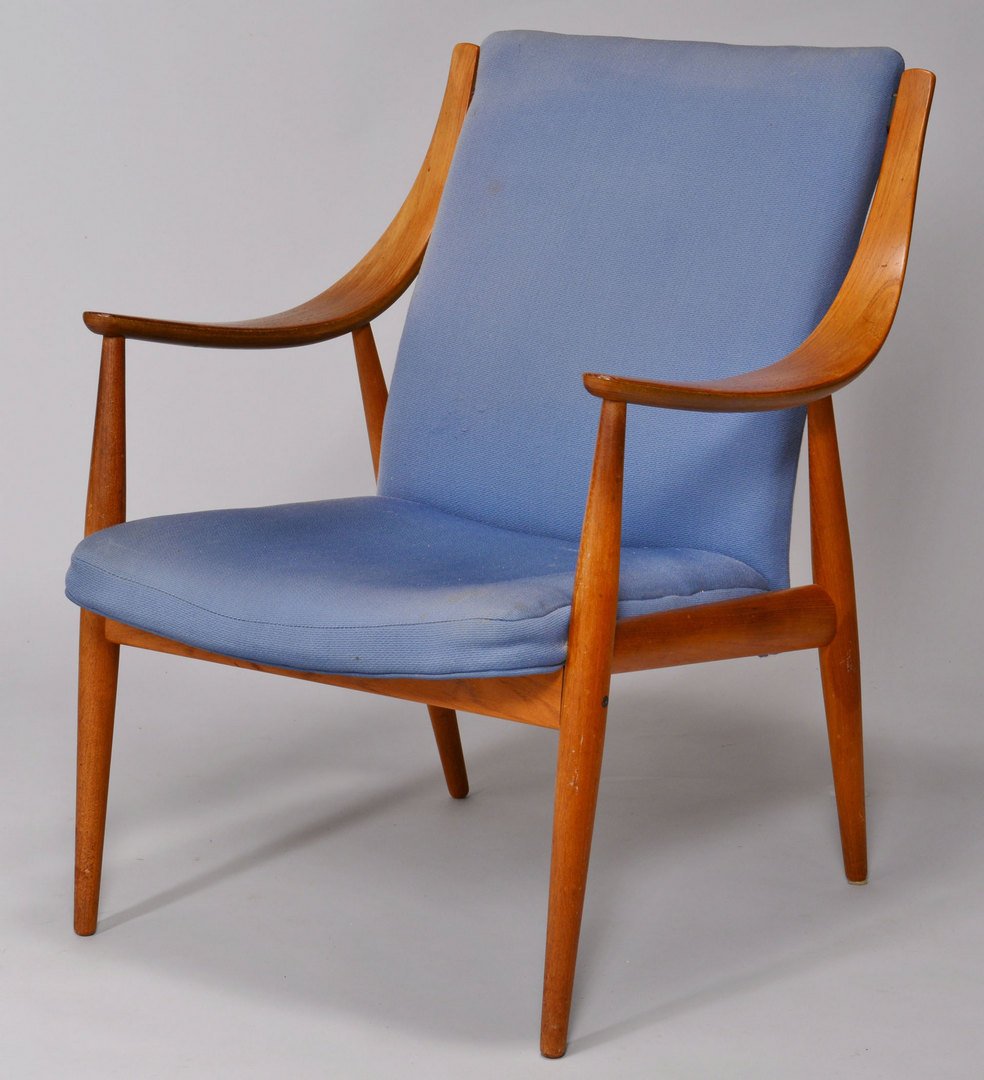 Midcentury Danish Modern "Mama" Easy Chair: Peter Hvidt & Orla Molgaard Nielsen for France & Son, "Mama" Easy Chair, 1950's, Denmark. Imported by John Stuart. Original blue upholstery, teak frame. 34.5" H x 26.5" W x 27" D. Provenance: the esta
