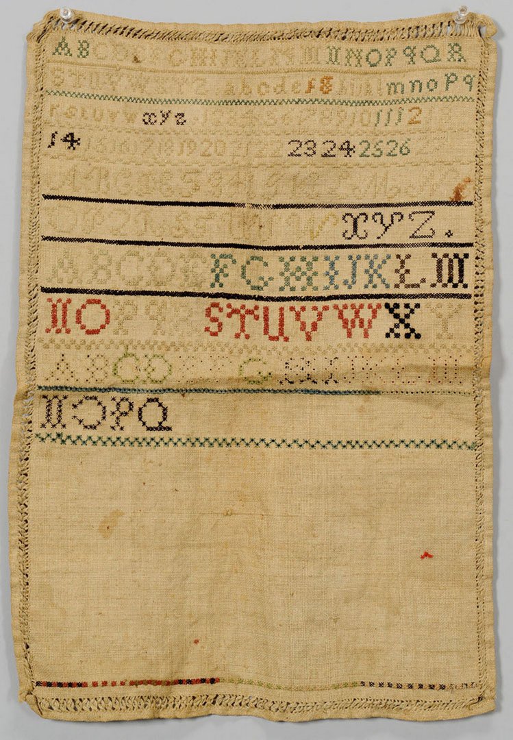 Antique needlework sampler, probably Alabama: Antique needlework band or marking sampler, vertical orientation with openwork embroidered border enclosing rows of upper and lowercase alphabets and numbers. Although simple in overall presentation, 