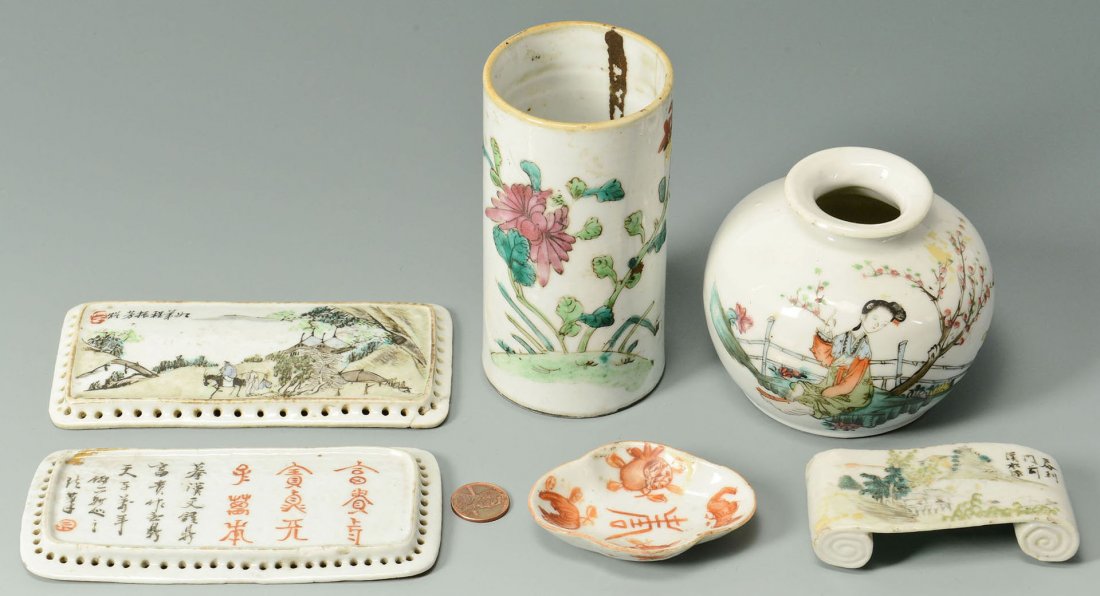 6 pcs Chinese porcelain desk or scholar's objects: 6 pieces assorted Chinese porcelain, most in the Famille Rose palette with floral and/or figural decoration. 1st item: a pen holder or brush pot (4-1/2"H) 1-1/2" hairline extending from rim.