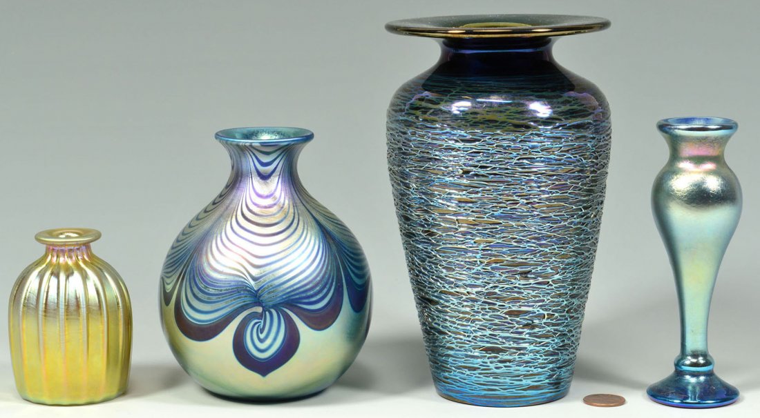4 pcs signed Art Glass, Abelman & Correia: Lot of four (4) pieces signed twenty-first century art glass. 1st item: Stuart Abelman (b. 20th c.) deep cobalt, threaded Durand style art glass vase. Signed and dated on bottom "Abelmann 1988&qu