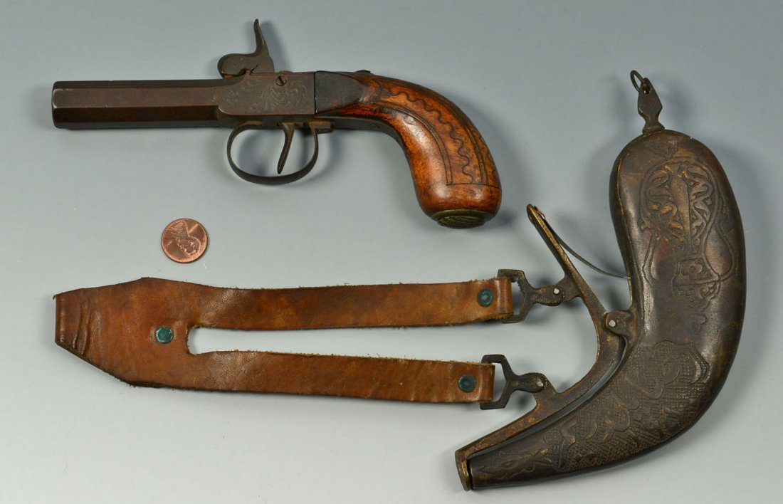 Derringer Type Percussion Pistol & Persian Powder Flask: 1st item - An English Derringer type percussion pistol or "Coach" pistol with engraved wooden handle and engraved barrel. Hinged shell patch box. 7 1/8" L. Mid-19th century, English. 2n