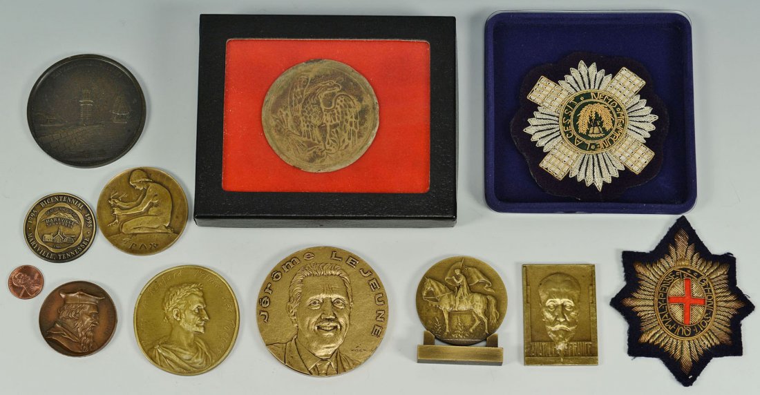 Grouping of Bronze Medals & Military Badges: Grouping of Bronze Numismatic Medals & Military Badges, mostly European including a Jerome LeJeune medal, a rectangular medal inscribed "Anatole France", bronze medal commemorating the const