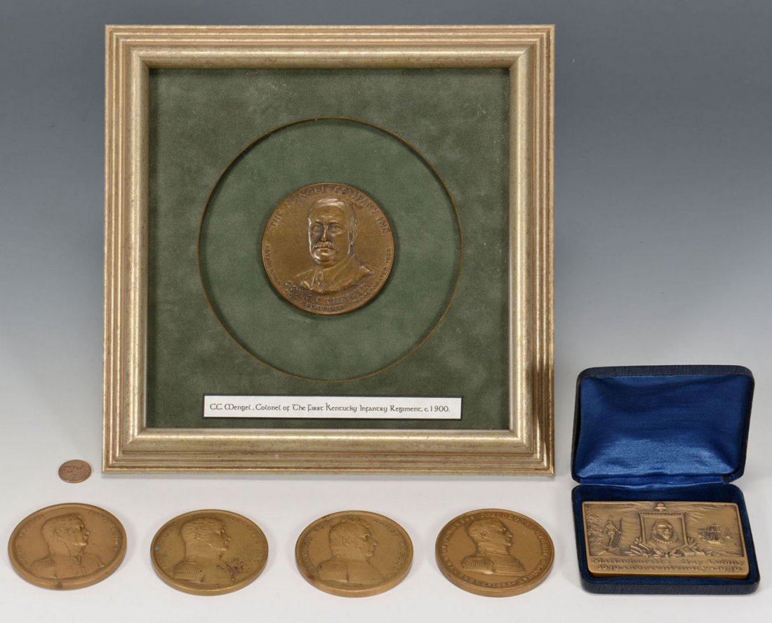 6 Medallions inc. U.S. Mint Congressional Medals: Collection of 6 numismatic medals or medallions, some engraved by Moritz Fuerst. 1st item: framed bronze medallion reading : "COL. C.C. MENGEL/ THE MENGEL COMPANY INC. ESTABLISHED 1877 FOUNDER.&q