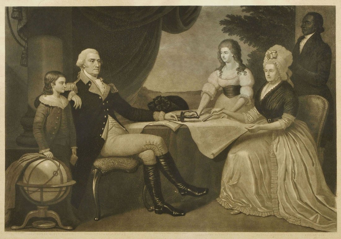 Geo. Washington & Family mezzotint, after Savage: 19th century mezzotint of George Washington and family after Edward Savage, engraved by J. Sartain, and published by William Smith; painted wooden frame. Sight: 17 1/2" H x 24 7/8" W. Frame: