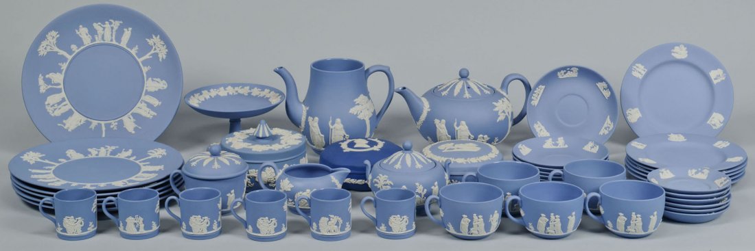 Group of Wedgwood England Jasperware, 44 pcs: Group of Wedgwood England Jasperware dinnerware including coffee pot, tea pot, creamer and sugar, 3 round covered boxes, 6 coffee cups and saucers, 6 demitasse cups and saucers, 6 bread and butter pla