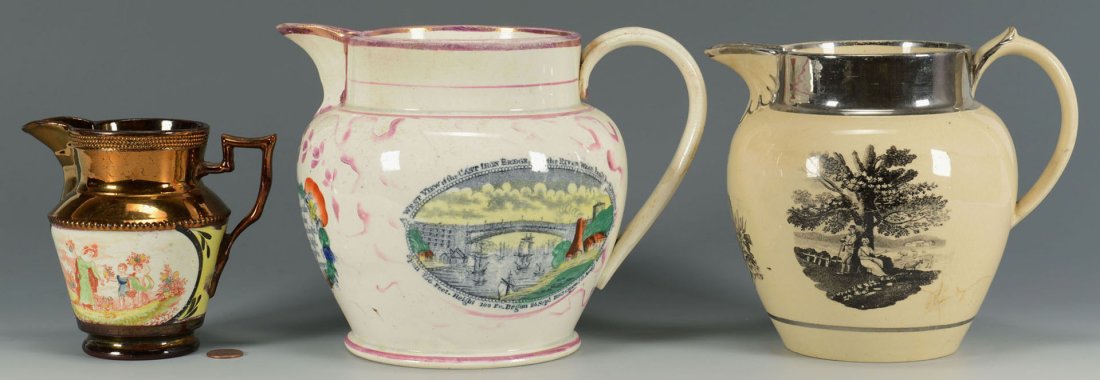 3 Lustreware jugs inc. Wellington, Sunderland, Copper: Three lustreware pitchers. 1st item: Pearlware silver luster jug with bust decoration honoring "Marquis Wellington" dressed as a Roman hero beneath the spout, landscape scenic design with co