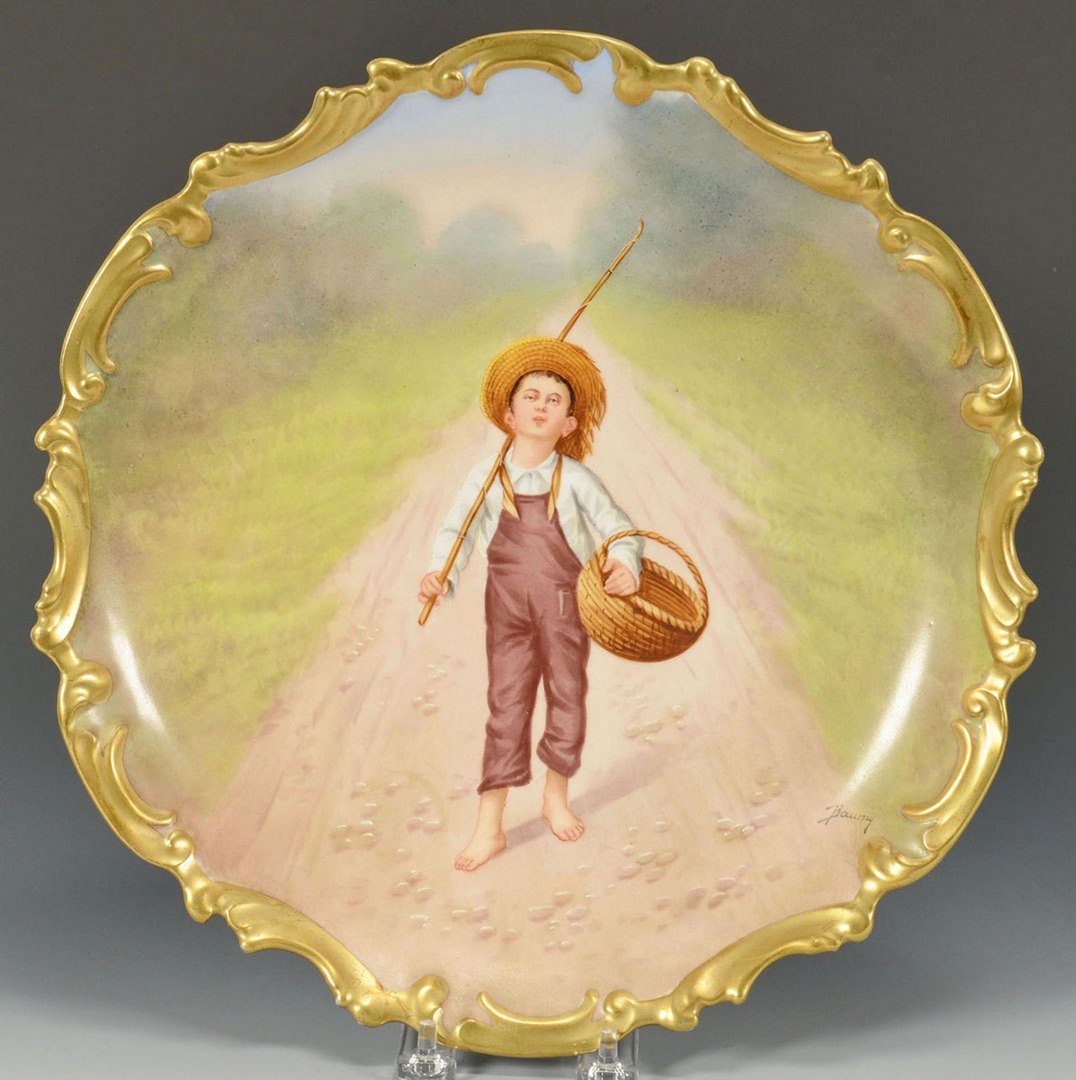 Limoges artist signed plaque, Boy Fishing: Limoges handpainted charger or plaque depicting a barefooted boy in straw hat walking along a country road with his fishing pole and basket. Gilt trimmed scalloped edges. Artist signed lower right Bau