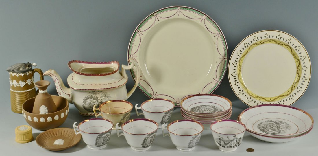 Lot of 19th c. English ceramics: lustre, creamware: Group of 19th century English ceramics including lustreware, creamware and Wedgwood. 1st group: Partial lusterware tea service in grisaille country scenes including teapot (6" H, no lid.), 5 cups