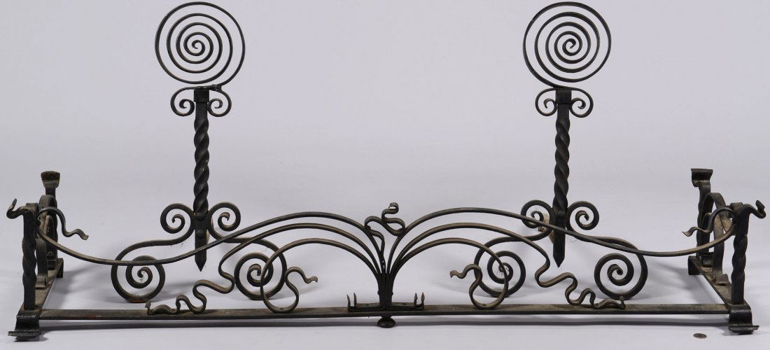 Iron Fireplace Fender & Andirons, poss. Yellin: Wrought iron fireplace fender and andirons, featuring curled, twisted and scrolled designs. Unmarked. Possibly Samuel Yellin or Philip Kerrigan (1904-1958, owner of Kerrigan Ornamental Ironworks, Nash